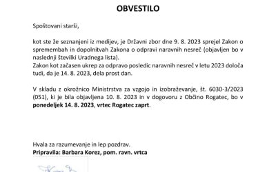 Obvestilo za 14.8.2023- dela prost dan – vrtec Rogatec je zaprt